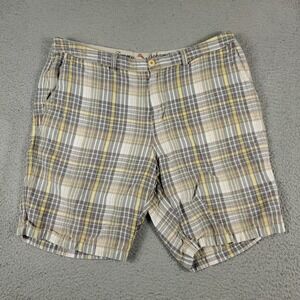 Tommy Bahama Shorts Mens Size 36 Brown Yellow Plaid Linen Blend Flat Front Chino